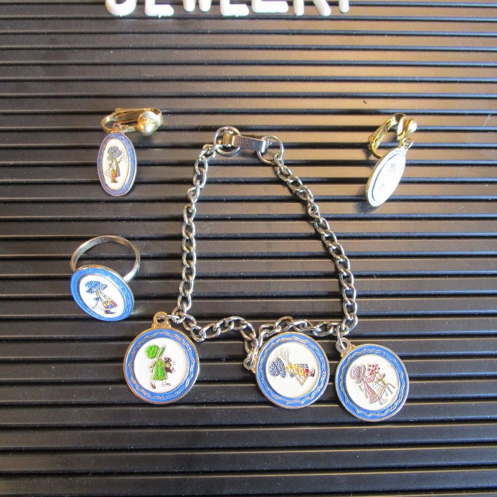 Holly Hobbie Charm Bracelet, Adjustable Ring and Clip Earrings